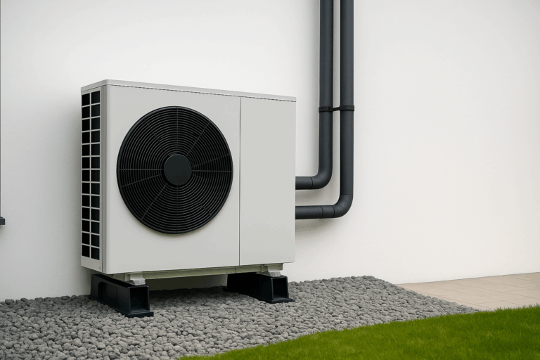 Pompe à chaleur installée à l’extérieur d’une maison en Suisse romande
